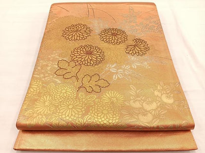 平和屋着物◎太鼓柄袋帯　駒刺繍　草花文　金銀彩　引箔　正絹　逸品　BAAX0642hv