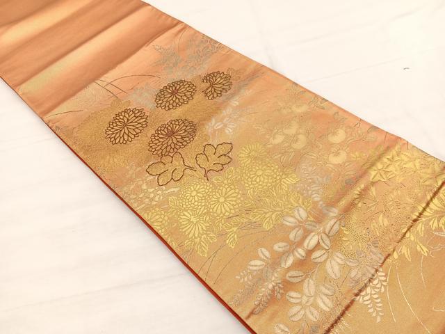 平和屋着物◎太鼓柄袋帯　駒刺繍　草花文　金銀彩　引箔　正絹　逸品　BAAX0642hv
