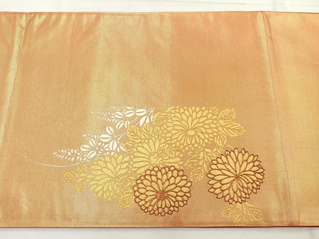 平和屋着物◎太鼓柄袋帯　駒刺繍　草花文　金銀彩　引箔　正絹　逸品　BAAX0642hv