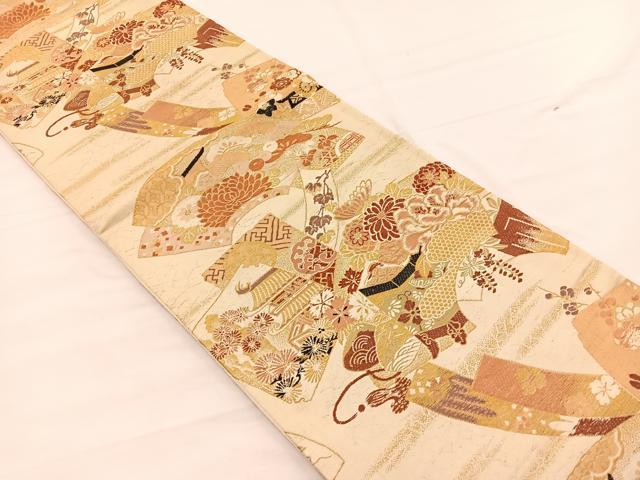 平和屋着物◎全通柄　京袋帯　唐織　貝桶色紙花文　金糸　引抜き帯　正絹　逸品　未使用　BAAX0646hv