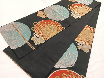平和屋着物◎六通柄　本袋帯　乱菊丸文　黒地　金銀糸　正絹　逸品　BAAX0651hv