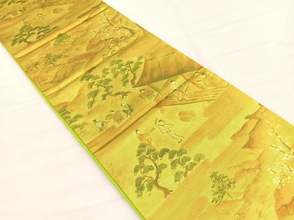 平和屋着物◎六通柄袋帯　手描き　人物風景文　金糸　引箔　正絹　逸品　未使用　BAAX0654hv