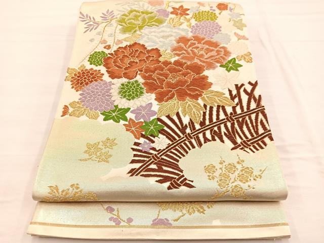 平和屋着物◎六通柄袋帯　唐織　牡丹花文　金糸　正絹　逸品　BAAX0655hv