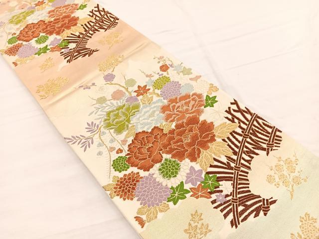 平和屋着物◎六通柄袋帯　唐織　牡丹花文　金糸　正絹　逸品　BAAX0655hv