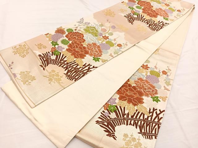 平和屋着物◎六通柄袋帯　唐織　牡丹花文　金糸　正絹　逸品　BAAX0655hv