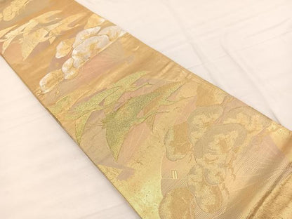 平和屋着物◎六通柄袋帯　扇面松飛鶴文　金銀糸　正絹　逸品　BAAX0665hv