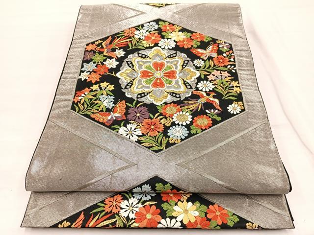 平和屋着物◎六通柄袋帯　唐織　亀甲花蝶文　黒地　金銀糸　正絹　逸品　BAAX0668hv