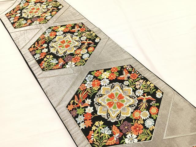 平和屋着物◎六通柄袋帯　唐織　亀甲花蝶文　黒地　金銀糸　正絹　逸品　BAAX0668hv