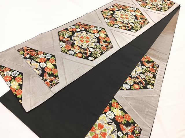 平和屋着物◎六通柄袋帯　唐織　亀甲花蝶文　黒地　金銀糸　正絹　逸品　BAAX0668hv
