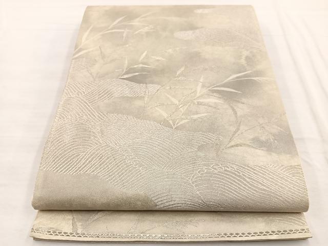 平和屋着物◎六通柄袋帯　立波草葉文　銀糸　正絹　逸品　BAAX0670hv
