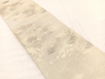 平和屋着物◎六通柄袋帯　立波草葉文　銀糸　正絹　逸品　BAAX0670hv