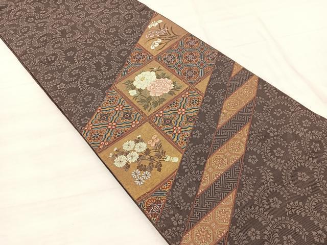 平和屋着物◎太鼓柄袋帯　唐織　格子有職花文　金糸　正絹　逸品　BAAX0674hv