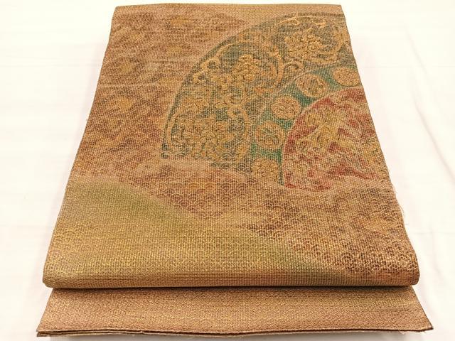平和屋着物◎太鼓柄袋帯　片輪車更紗花文　金糸　正絹　逸品　BAAX0675hv