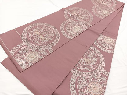 平和屋着物◎六通柄　本袋帯　唐織　狩猟丸文　銀糸　正絹　逸品　BAAX0686hv