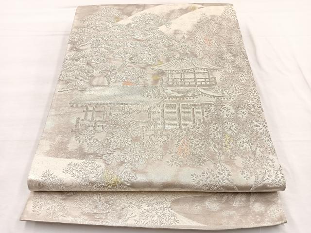 平和屋着物◎六通柄袋帯　古京錦　風景文　銀糸　二重引箔　正絹　逸品　BAAX0687hv