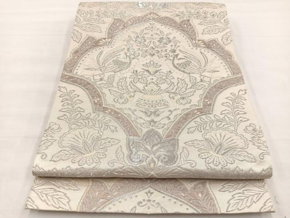 平和屋着物◎六通柄袋帯　唐織　向かい鳥飾花文　銀糸　三越扱い　正絹　逸品　BAAX0693hv