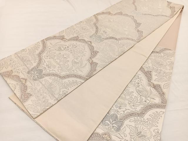 平和屋着物◎六通柄袋帯　唐織　向かい鳥飾花文　銀糸　三越扱い　正絹　逸品　BAAX0693hv