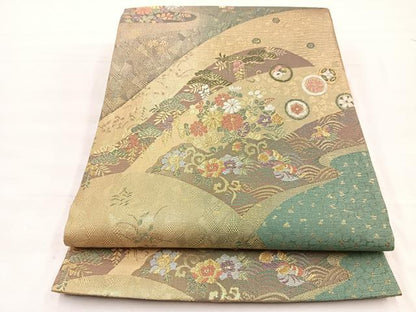 平和屋着物◎佐賀錦 六通柄袋帯 鴛鴦花蝶文 金銀糸 正絹 逸品 未使用 BAAX0695hv
