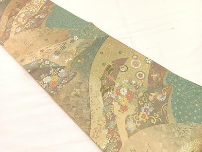 平和屋着物◎佐賀錦 六通柄袋帯 鴛鴦花蝶文 金銀糸 正絹 逸品 未使用 BAAX0695hv