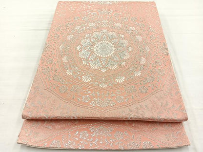 平和屋着物◎六通柄袋帯　唐織　花絵皿文　銀糸　正絹　逸品　BAAX0723hv