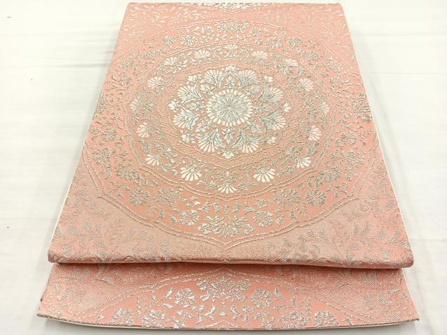 平和屋着物◎六通柄袋帯　唐織　花絵皿文　銀糸　正絹　逸品　BAAX0723hv