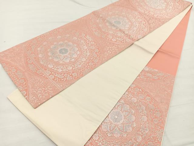 平和屋着物◎六通柄袋帯　唐織　花絵皿文　銀糸　正絹　逸品　BAAX0723hv