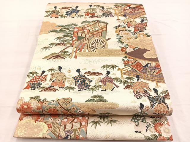 平和屋着物◎六通柄袋帯　唐織　清薫雲取雅遊文　金糸　正絹　逸品　BAAX0729hv