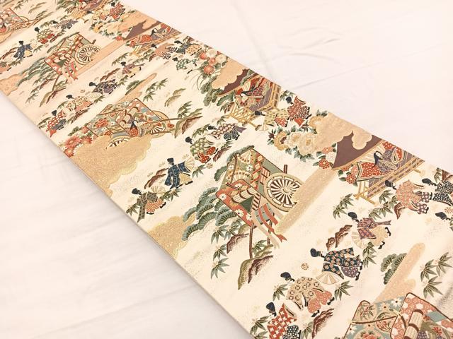 平和屋着物◎六通柄袋帯　唐織　清薫雲取雅遊文　金糸　正絹　逸品　BAAX0729hv
