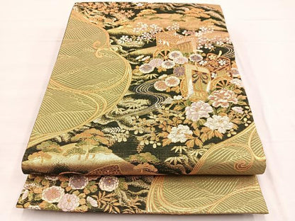 平和屋着物◎六通柄袋帯　御所車流水花文　金糸　正絹　逸品　BAAX0731hv