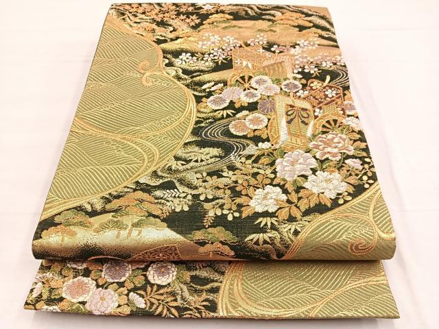 平和屋着物◎六通柄袋帯　御所車流水花文　金糸　正絹　逸品　BAAX0731hv