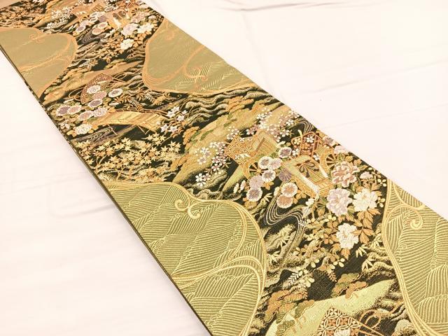 平和屋着物◎六通柄袋帯　御所車流水花文　金糸　正絹　逸品　BAAX0731hv