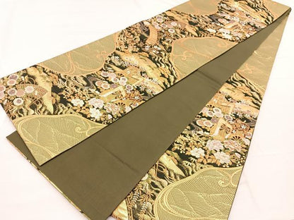 平和屋着物◎六通柄袋帯　御所車流水花文　金糸　正絹　逸品　BAAX0731hv