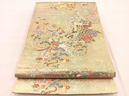 平和屋着物◎六通柄袋帯　唐織　御所車鳳凰文　金糸　正絹　逸品　BAAX0732hv