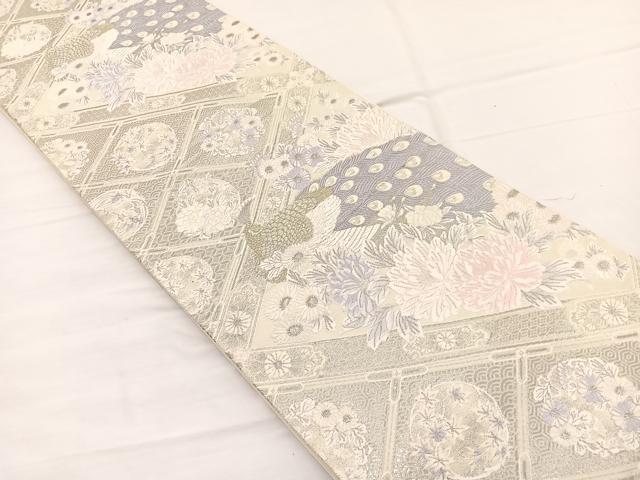 平和屋着物◎六通柄袋帯　唐織　菱天井孔雀花文　プラチナ箔　正絹　逸品　BAAX0733hv