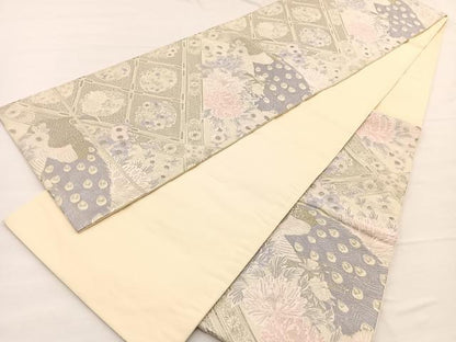 平和屋着物◎六通柄袋帯　唐織　菱天井孔雀花文　プラチナ箔　正絹　逸品　BAAX0733hv