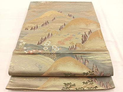 平和屋着物◎六通柄袋帯　唐織　重山流水花文　金糸　正絹　逸品　BAAX0735hv