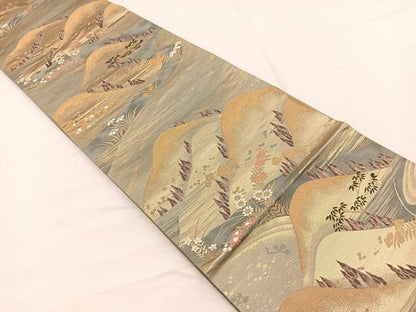 平和屋着物◎六通柄袋帯　唐織　重山流水花文　金糸　正絹　逸品　BAAX0735hv