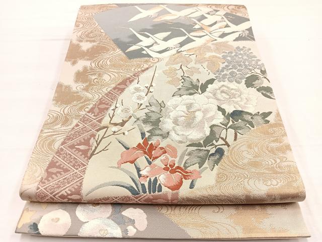平和屋着物◎六通柄袋帯　唐織　雪輪花蝶文　金糸　正絹　逸品　BAAX0738hv