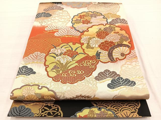 平和屋着物◎六通柄袋帯　唐織　雪輪花車　黒地　金糸　正絹　逸品　BAAX0741hv