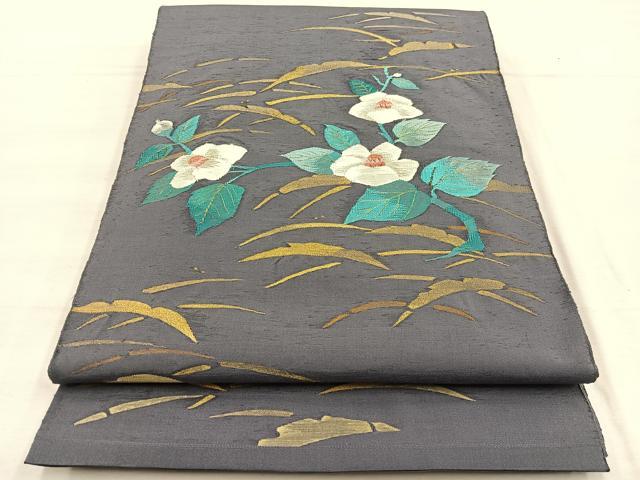平和屋着物●太鼓柄袋帯　すくい織　椿芝草文　金糸　正絹　逸品　BAAX0743hv