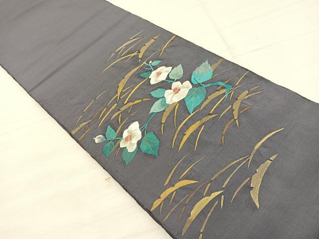 平和屋着物●太鼓柄袋帯　すくい織　椿芝草文　金糸　正絹　逸品　BAAX0743hv