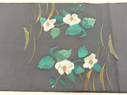 平和屋着物●太鼓柄袋帯　すくい織　椿芝草文　金糸　正絹　逸品　BAAX0743hv