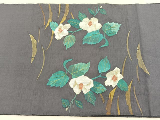平和屋着物●太鼓柄袋帯　すくい織　椿芝草文　金糸　正絹　逸品　BAAX0743hv