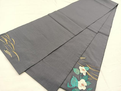平和屋着物●太鼓柄袋帯　すくい織　椿芝草文　金糸　正絹　逸品　BAAX0743hv