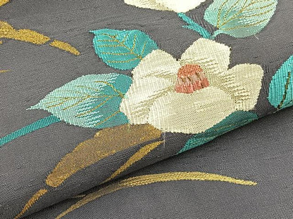 平和屋着物●太鼓柄袋帯　すくい織　椿芝草文　金糸　正絹　逸品　BAAX0743hv