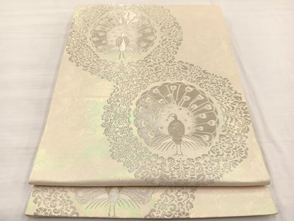 平和屋着物◎西陣　服部織物謹製　六通柄袋帯　こはく錦　手工芸　孔雀花文　銀糸　正絹　逸品　BAAX0748hv