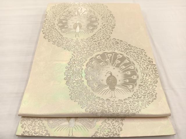 平和屋着物◎西陣　服部織物謹製　六通柄袋帯　こはく錦　手工芸　孔雀花文　銀糸　正絹　逸品　BAAX0748hv