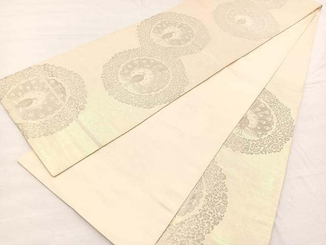 平和屋着物◎西陣　服部織物謹製　六通柄袋帯　こはく錦　手工芸　孔雀花文　銀糸　正絹　逸品　BAAX0748hv
