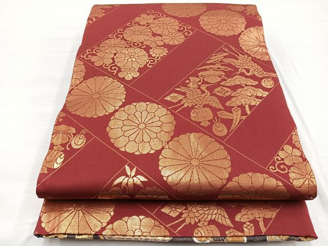 平和屋着物◎両面　六通柄袋帯　唐織　飛鶴松竹梅　金銀糸　正絹　逸品　BAAX0750hv