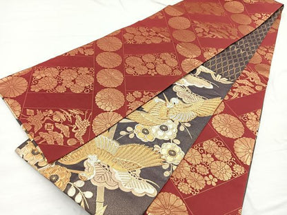 平和屋着物◎両面　六通柄袋帯　唐織　飛鶴松竹梅　金銀糸　正絹　逸品　BAAX0750hv